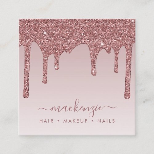 Rose Gold Sparkle Glitter Drips Luxury Ombre Square Business Card