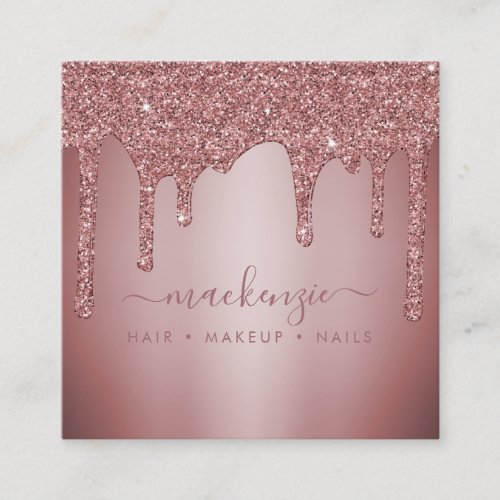 Rose Gold Sparkle Glitter Drips Luxury Square Business Card