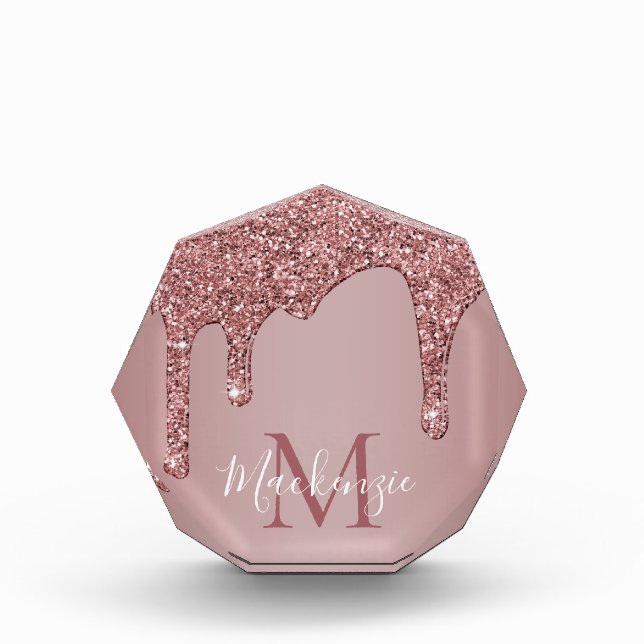 Rose Gold Sparkle Glitter Drips Monogram Acrylic Award (Front)