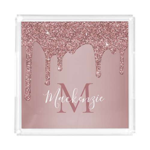 Rose Gold Sparkle Glitter Drips Monogram Acrylic Tray