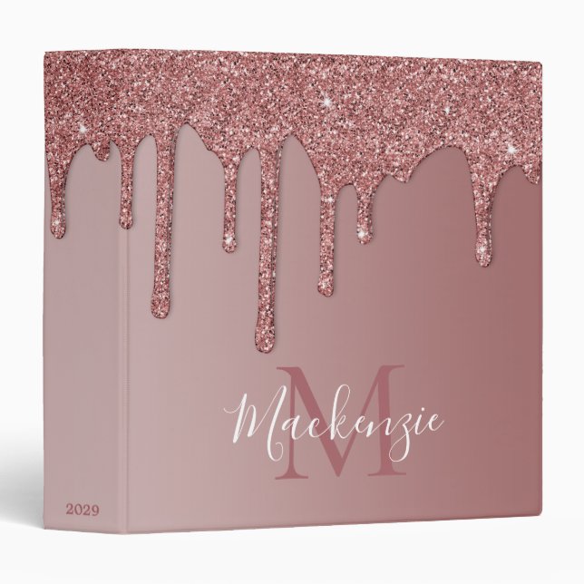 Rose Gold Sparkle Glitter Drips Monogram Album 3 Ring Binder (Front/Spine)