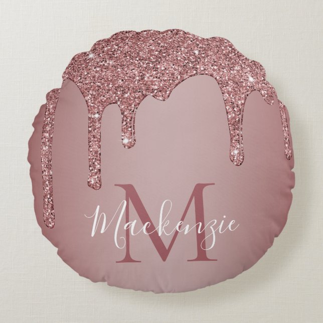 Rose Gold Sparkle Glitter Drips Monogram Baby Round Pillow (Front)