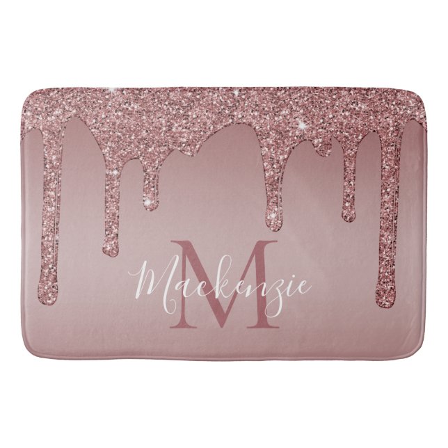 Rose Gold Sparkle Glitter Drips Monogram Bath Mat (Front)
