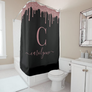 Rose Gold Sparkle Glitter Drips Monogram Black Shower Curtain