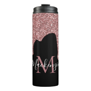 Rose Gold Sparkle Glitter Drips Monogram Black Thermal Tumbler