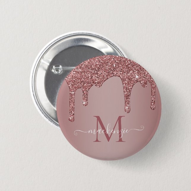 Rose Gold Sparkle Glitter Drips Monogram Button (Front & Back)