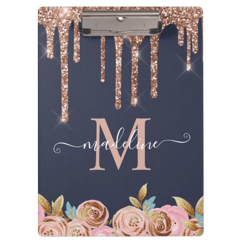 Rose Gold Sparkle Glitter Drips Monogram Clipboard