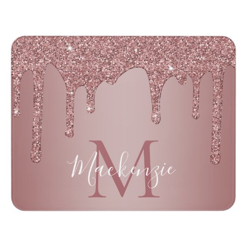 Rose Gold Sparkle Glitter Drips Monogram Door Sign