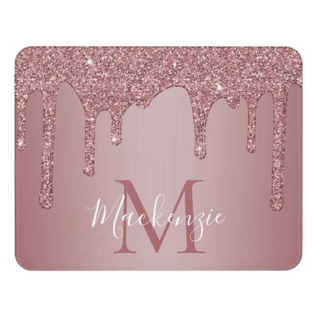 Rose Gold Sparkle Glitter Drips Monogram Door Sign (Contemporary Front)