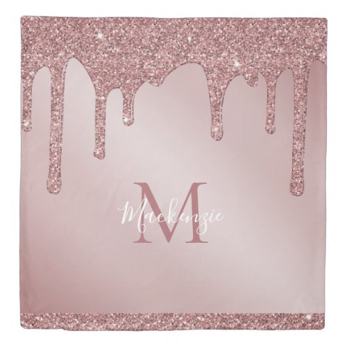 Rose Gold Sparkle Glitter Drips Monogram Duvet Cover