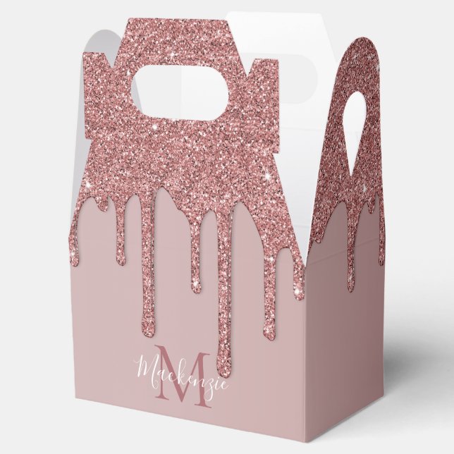 Rose Gold Sparkle Glitter Drips Monogram Favor Boxes (Opened)