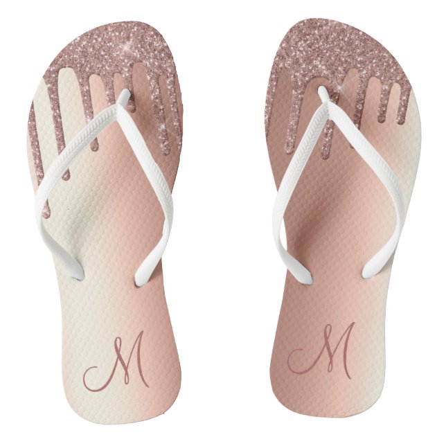 Rose Gold Sparkle Glitter Drips Monogram Flip Flops (Footbed)