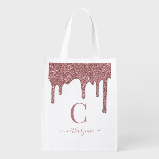 Rose Gold Sparkle Glitter Drips Monogram Grocery Bag (Back)