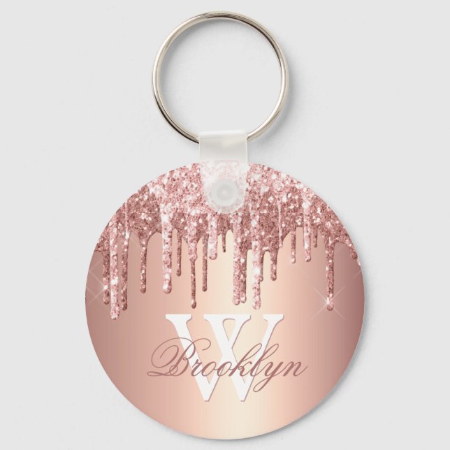 Rose Gold Sparkle Glitter Drips Monogram Initial Keychain (Front)