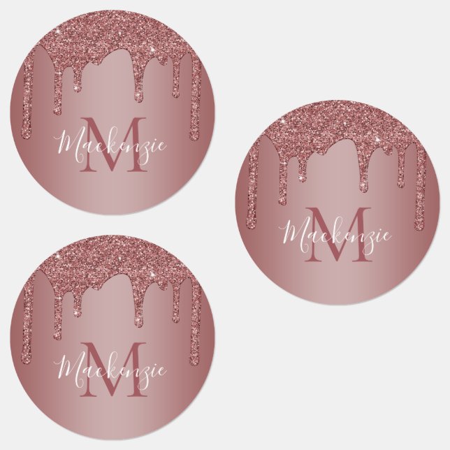 Rose Gold Sparkle Glitter Drips Monogram Labels (Group)