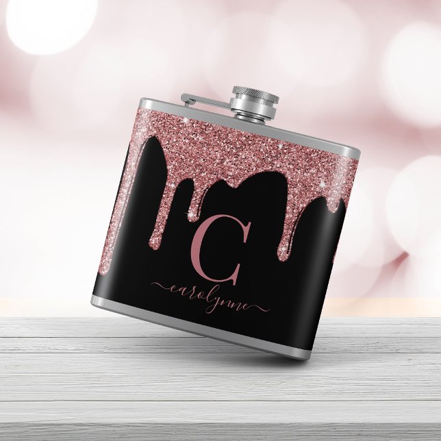 Rose Gold Sparkle Glitter Drips Monogram on Black Flask (Creator Uploaded)