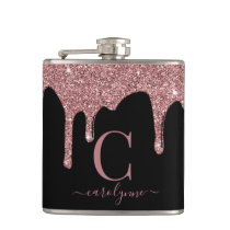 Rose Gold Sparkle Glitter Drips Monogram on Black Flask Rose Gold Sparkle Glitter Drips Monogram on Black Flask