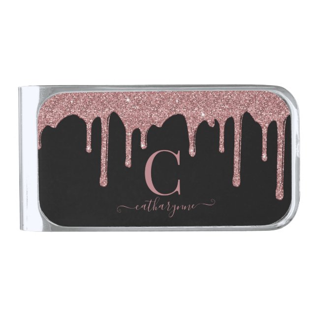 Rose Gold Sparkle Glitter Drips Monogram on Black Silver Finish Money Clip (Front)