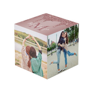 Rose Gold Sparkle Glitter Drips Monogram Photo Cube