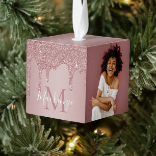 Rose Gold Sparkle Glitter Drips Monogram Photo Cube Ornament