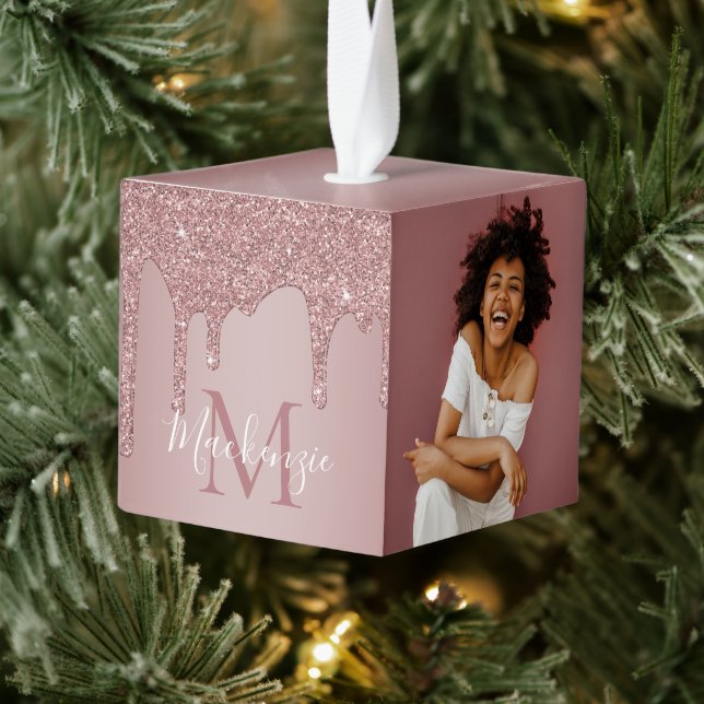 Rose Gold Sparkle Glitter Drips Monogram Photo Cube Ornament (Tree)