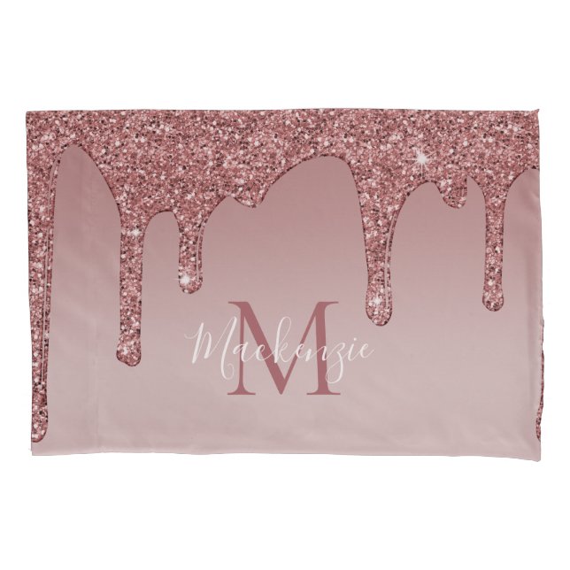 Rose Gold Sparkle Glitter Drips Monogram Pillow Case (Front)