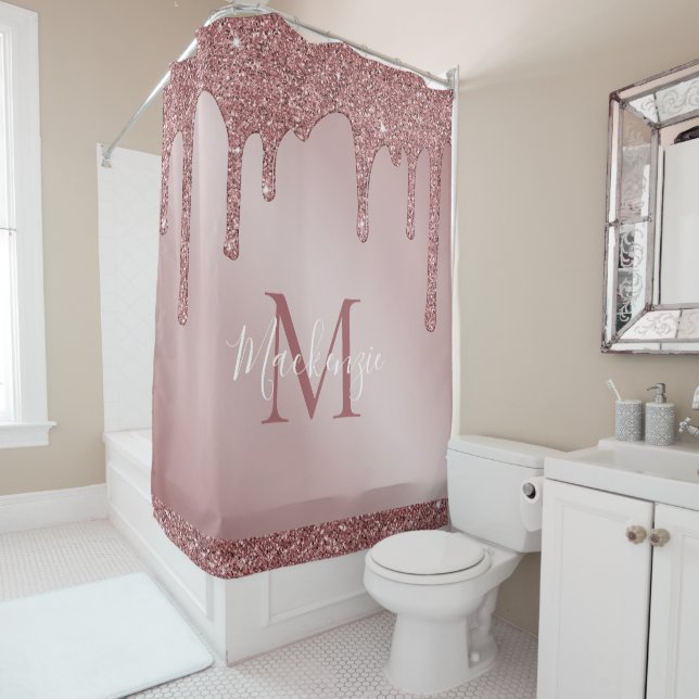 Rose Gold Sparkle Glitter Drips Monogram Shower Curtain (In Situ)