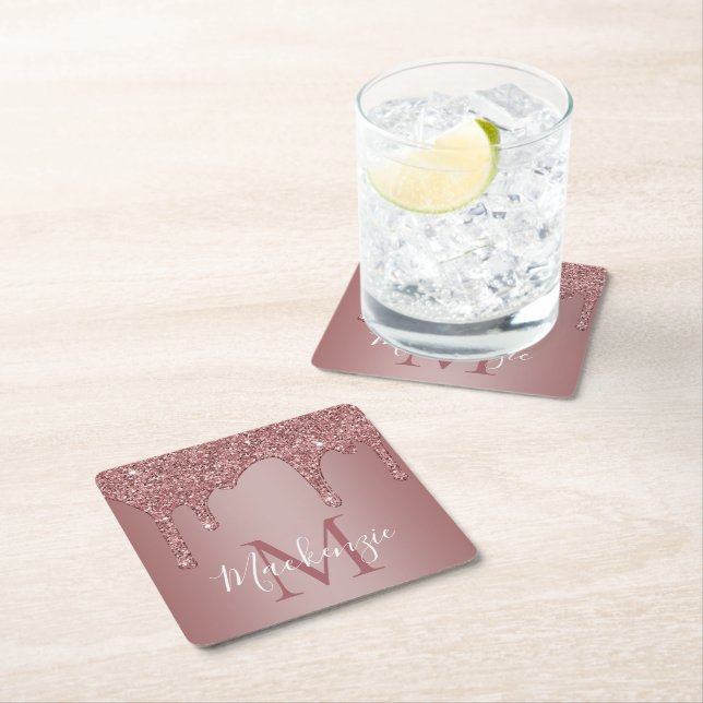 Rose Gold Sparkle Glitter Drips Monogram Square Paper Coaster (Insitu)
