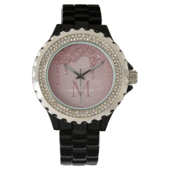Rose Gold Sparkle Glitter Drips Monogram Watch by CedarAndString at Zazzle