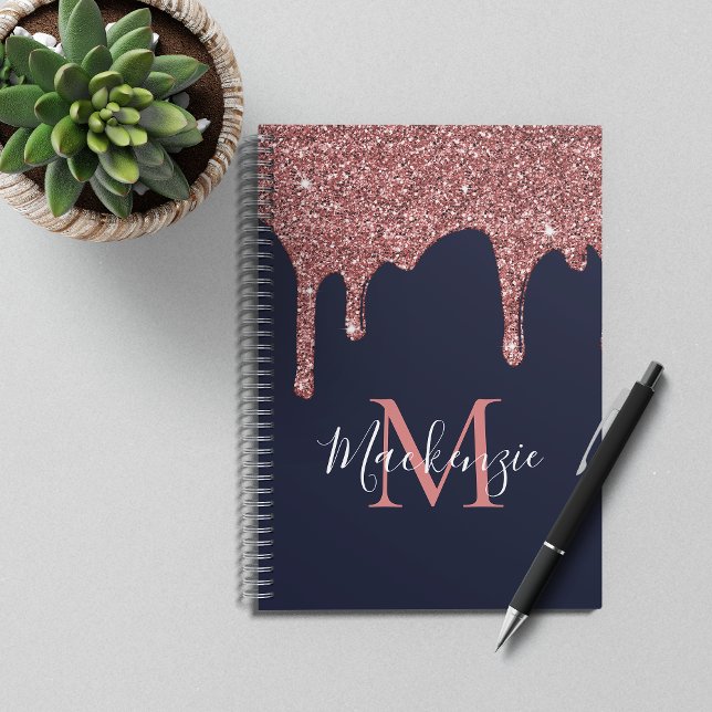 Rose Gold Sparkle Glitter Drips Navy Blue Monogram Notebook (Creator Uploaded)