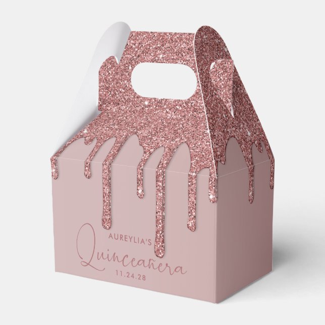 Rose Gold Sparkle Glitter Drips Quinceanera Favor Boxes (Front Side)