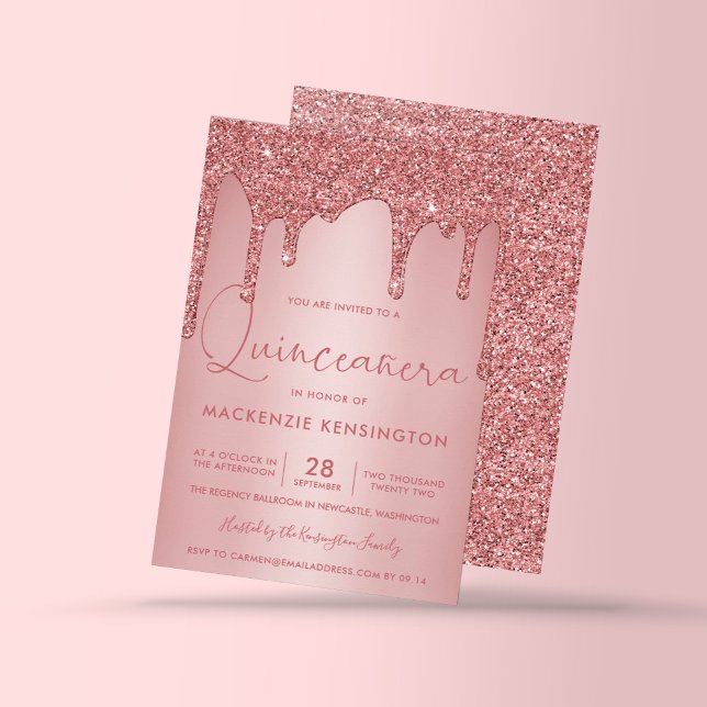 Rose Gold Sparkle Glitter Drips Quinceañera Invitation (Creator Uploaded)