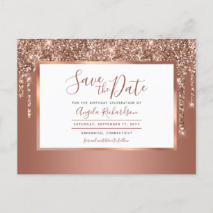 Rose Gold Sparkle Glitter Drips Save the Date Postcard