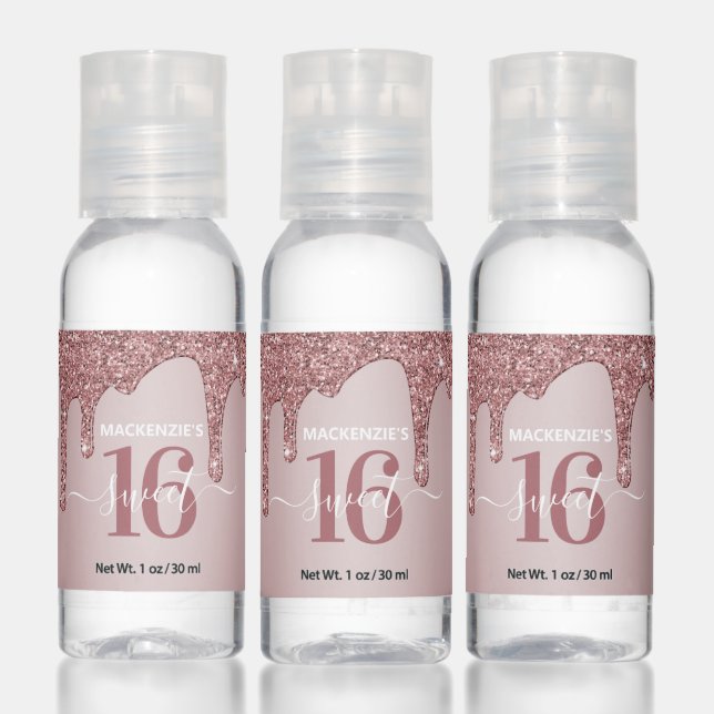 Rose Gold Sparkle Glitter Drips Sweet 16 Hand Sanitizer (Set)