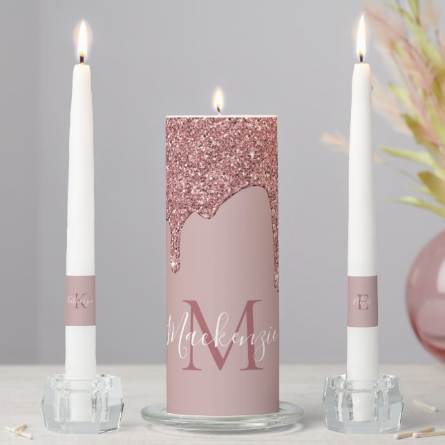 Rose Gold Sparkle Glitter Drips Wedding Monogram Unity Candle Set (In Situ)