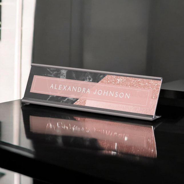 Rose Gold Sparkle Glitter Foil and Black Marble Desk Name Plate (Creator Uploaded)