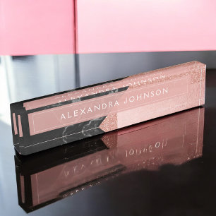 Rose Gold Sparkle Glitter Foil and Black Marble Desk Name Plate