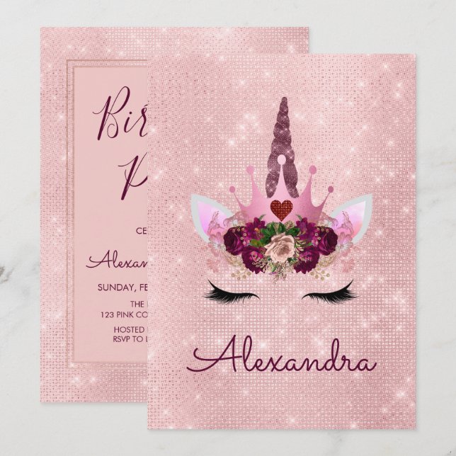 Rose Gold Sparkle Glitter Girly Birthday Party Invitation (Front/Back)
