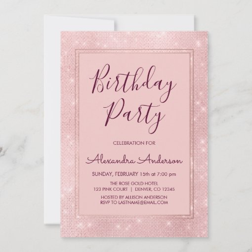 Rose Gold Sparkle Glitter Girly Birthday Party Invitation | Zazzle