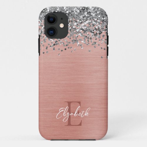 Rose Gold Sparkle Glitter Girly Monogram Name iPhone 11 Case