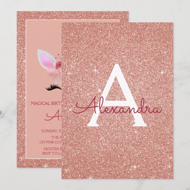 Rose Gold Sparkle Glitter Magical Unicorn Birthday Invitation (Front/Back)