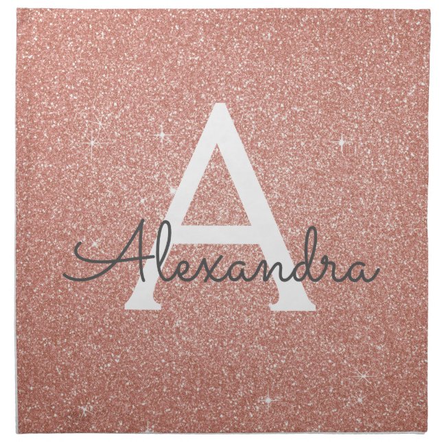 Rose Gold Sparkle Glitter Monogram Name Cloth Napkin (Front)