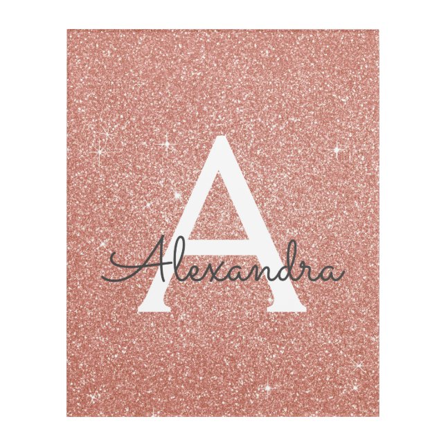 Rose Gold Sparkle Glitter Monogram Name & Initial Acrylic Print (Front)