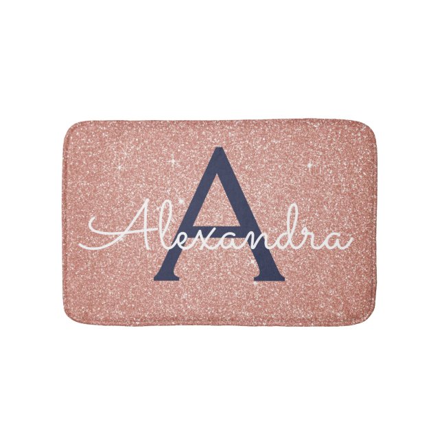 Rose Gold Sparkle Glitter Monogram Name & Initial Bath Mat (Front)