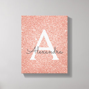 Rose Gold Sparkle Glitter Monogram Name & Initial Canvas Print
