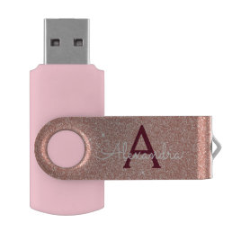 Rose Gold Sparkle Glitter Monogram Name &amp; Initial Flash Drive