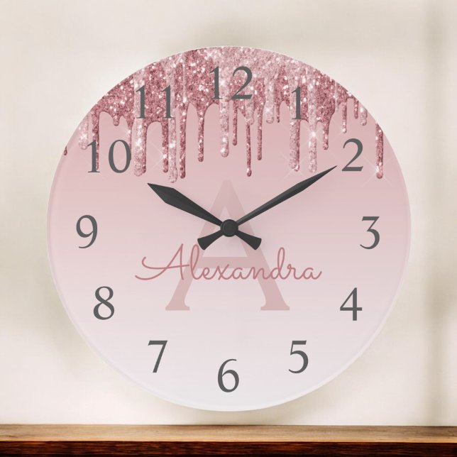 Rose Gold Sparkle Glitter Monogram Name & Initial Large Clock (Creator Uploaded)