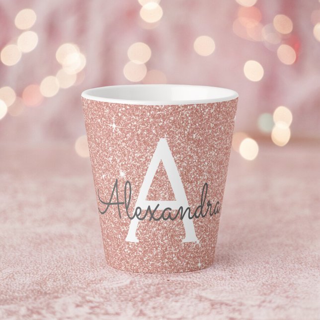 Rose Gold Sparkle Glitter Monogram Name & Initial Latte Mug (Creator Uploaded)