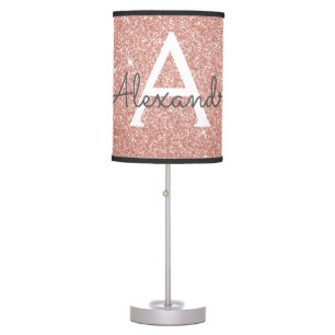 Rose Gold Sparkle Glitter Monogram Name & Initial Table Lamp