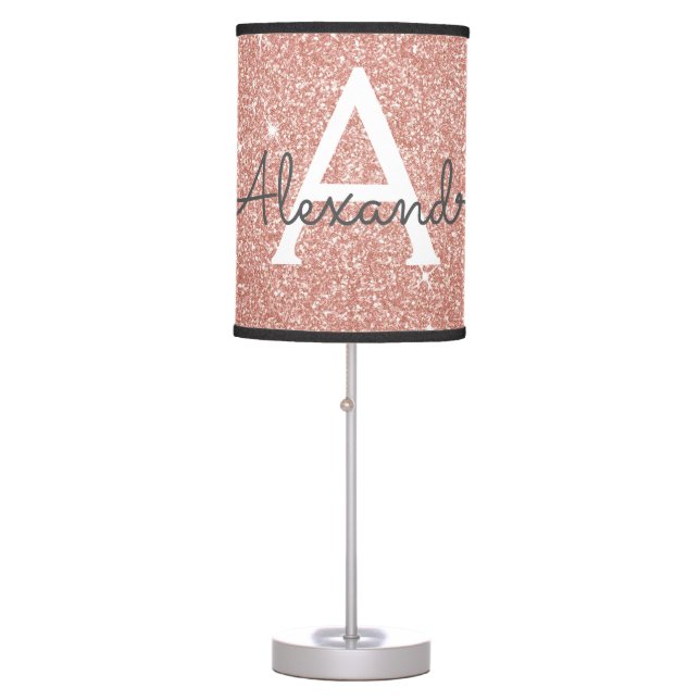 Rose Gold Sparkle Glitter Monogram Name & Initial Table Lamp (Front)